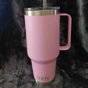 YETI RAMBLER 42 ounce Large Power PINK Tumbler W/ Handle & Straw $32.